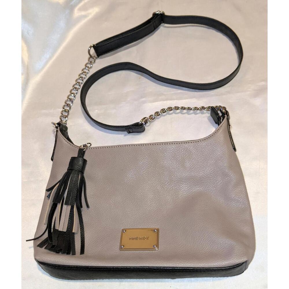 NINE WEST Women's Taupe & Black Crossbody Bag Purse w/ Tassel Chain Detail Y2K